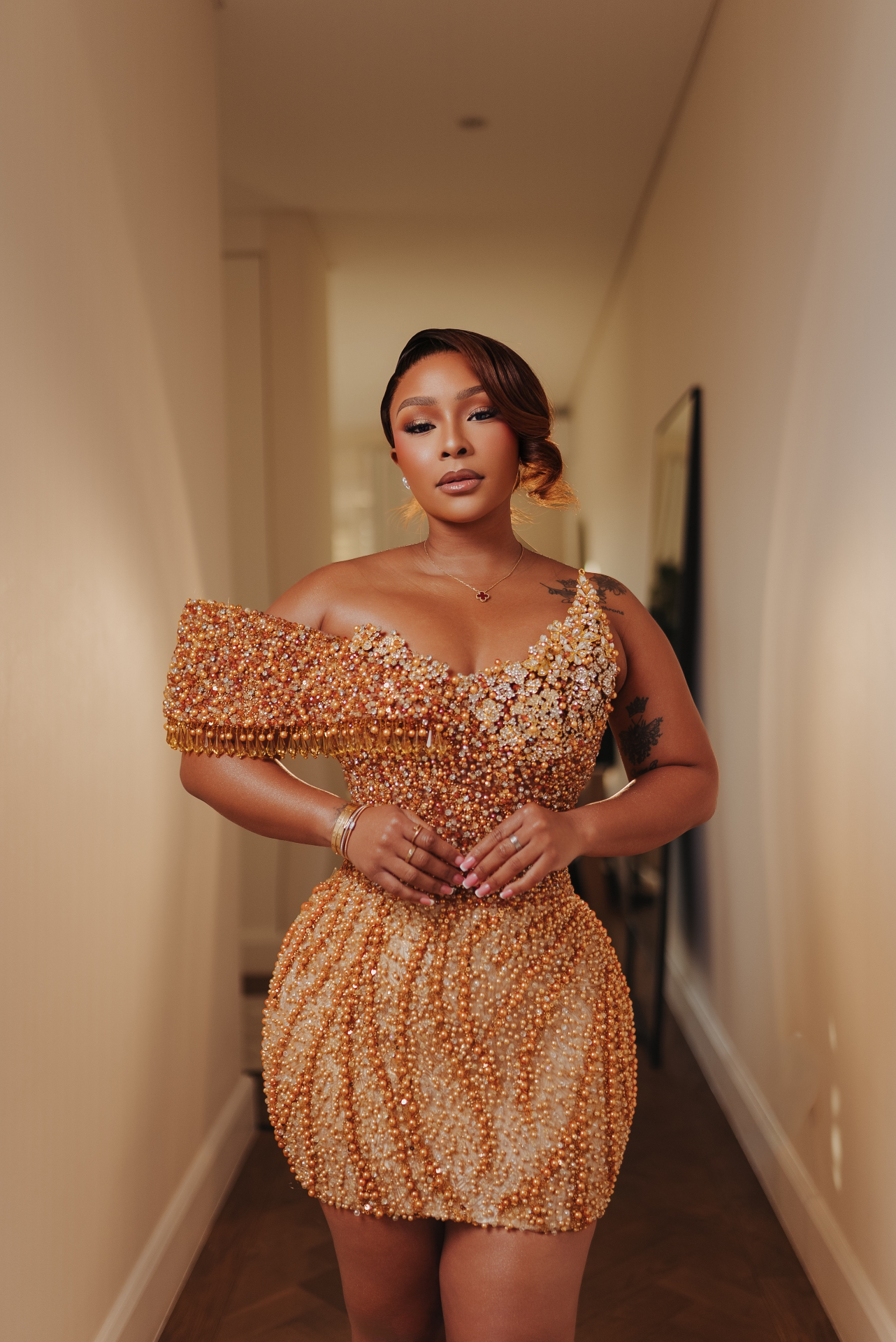 The Luminous Pearl Mini — pearl embellished couture mini gown